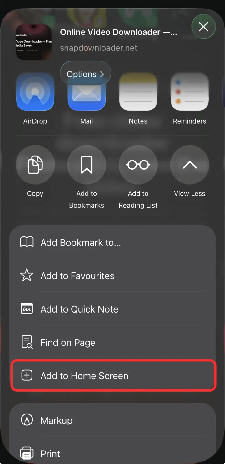 iOS share sheet with Add to Home Screen highlighted