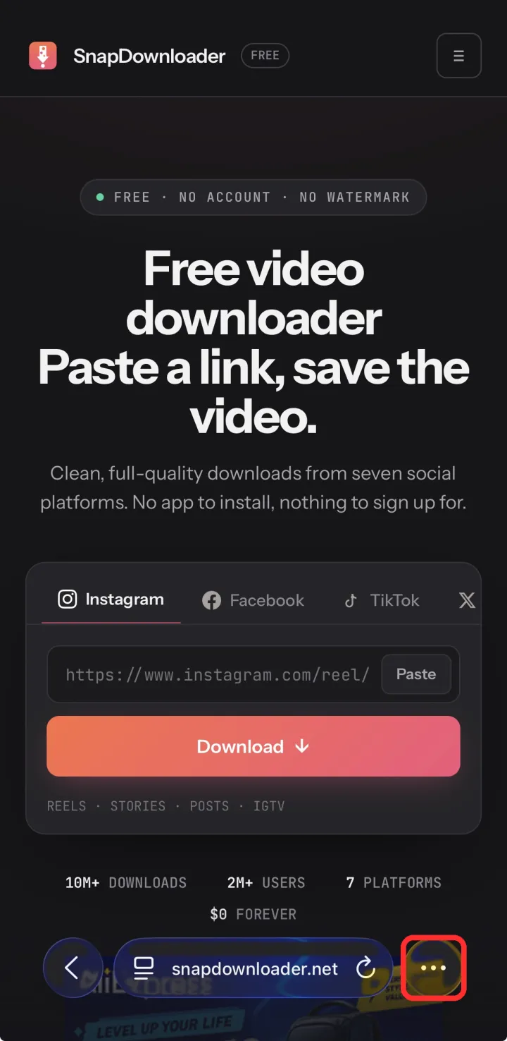 Safari with the More button highlighted at the bottom-right
