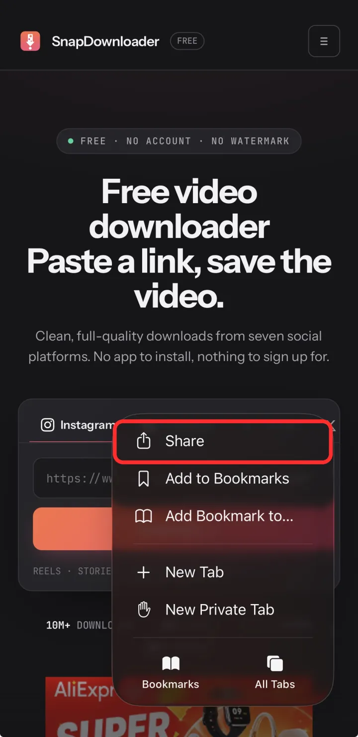 Safari menu with the Share option highlighted